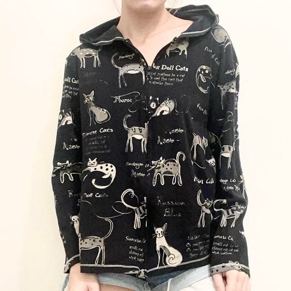 Vintage 90s black zip up jacket with cat print - Picture 3 of 4